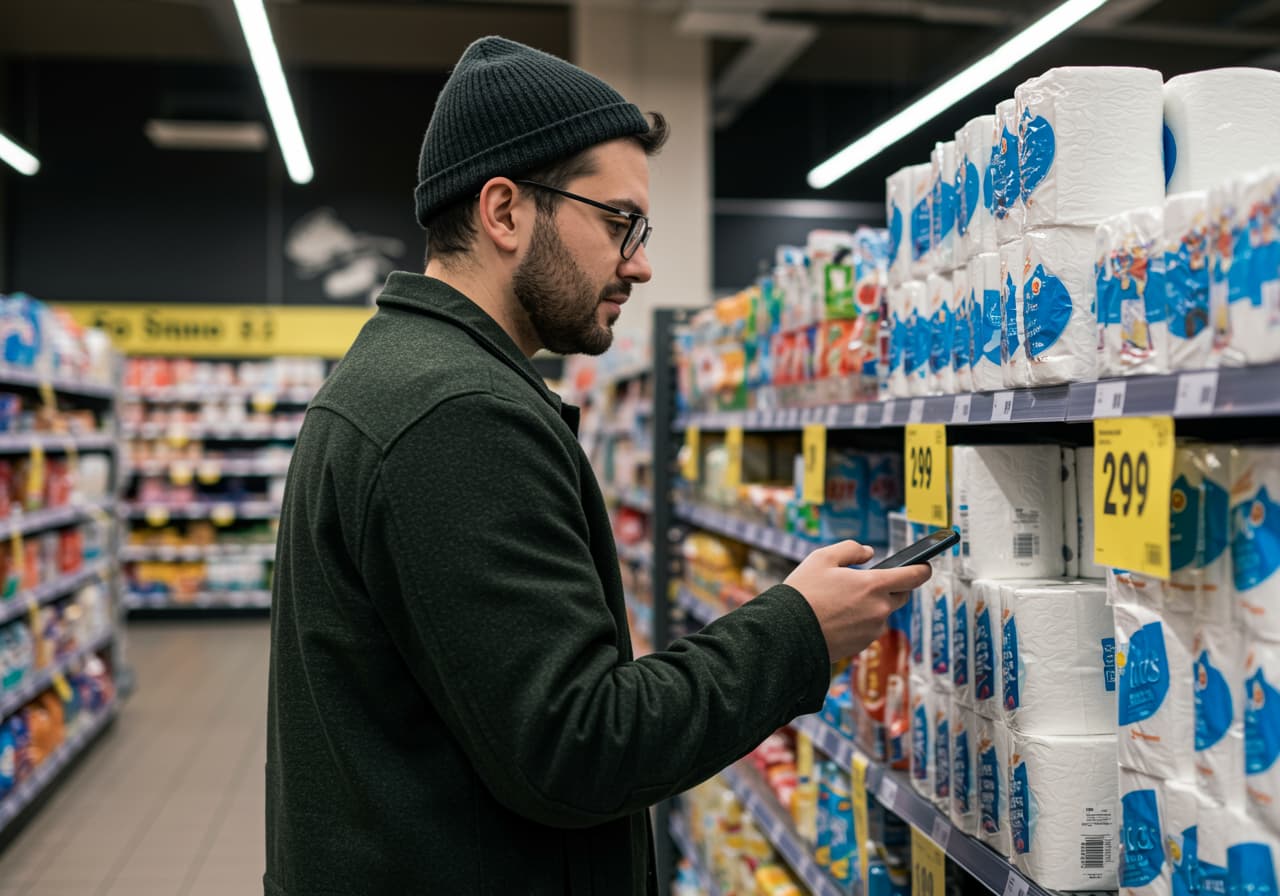 A man compares toilet paper prices using the Klopreis calculator on his smartphone in a supermarket